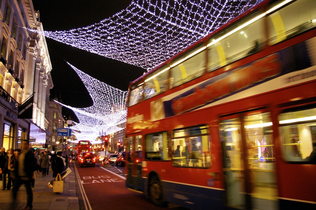bus and Christmas decorations on Regent Street