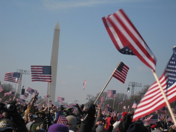 Washington monument with flags