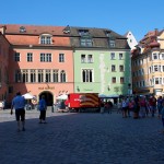 regensburg bright houses around cathedral square germany