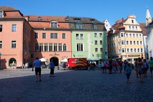 regensburg bright houses around cathedral square germany